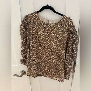 Pleione Brown Leopard Print Ruffle Sleeve Blouse (Size L)